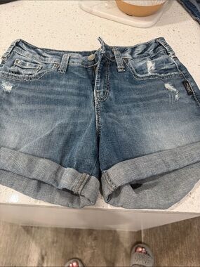Silver Jeans Rolled Hem Distressed Denim Shorts - Medium Blue. Boyfriend fit